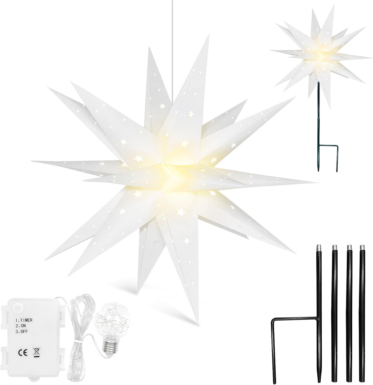 Tree Toppers - Qijieda 3D Moravian Star Tree Topper - 18 inch LED Christmas Star Light Outdoor Battery with Timer, Bethlehem Star Used to Decorate Christmas Trees, Balconies, Courtyards (White)