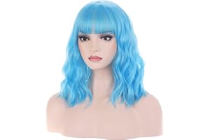 BERON 14 Inches Blue Wig Short Curly Wig with Bangs Women Girl's Charming Wig Sky Blue Wig Synthetic Wig with Wig Cap