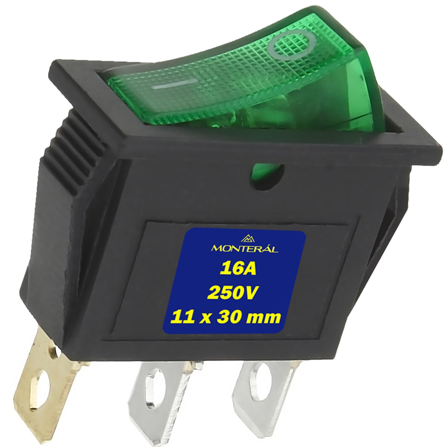 Single Pole Switch with Green Luminous and Protective Cover 250V 16A in Size 11 x 30 mm with 3 Fixings 6,3 mm - Black Housing - Warranty 10 Years - MONTERAL