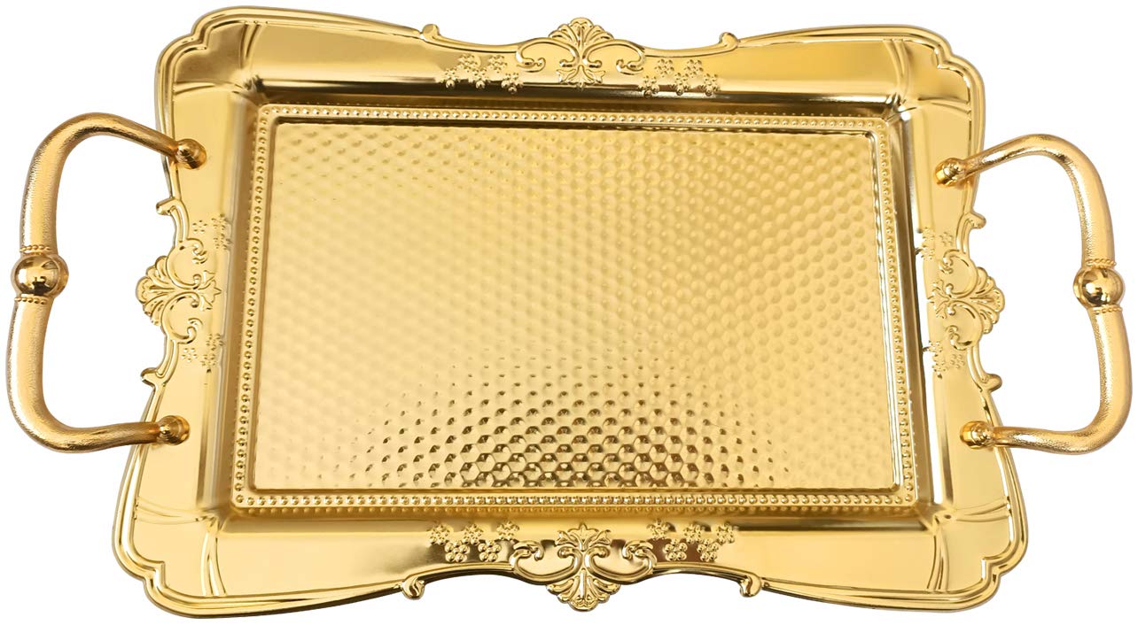 BAYKUL Turkish Ottoman Coffee Tea Beverage Gold Vintage Serving Square Tray, Luxury Metal Chrom Moroccan Decorative Breakfast Dinner Table, Ottoman Trays Extra Large (Gold)