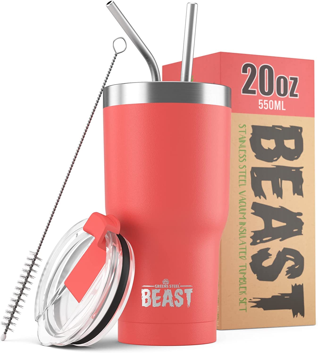 Beast Tumbler - 550 ml (20 oz), Coral Pink | Reusable Stainless Steel, Vacuum Insulated Cup | with + 2 Straws & Cleaning Brush | Double Wall Travel Flask Perfect for Hot or Iced Coffee