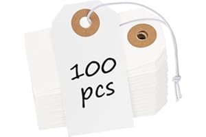 Uniclife 100 Pcs White Blank Shipping Tags with Elastic String Attached Cardstock Paper Hang Tag with Reinforced Eyelet Small Marking Price Tags Inventory Label Tag, 2 3/4" x 1 3/8"