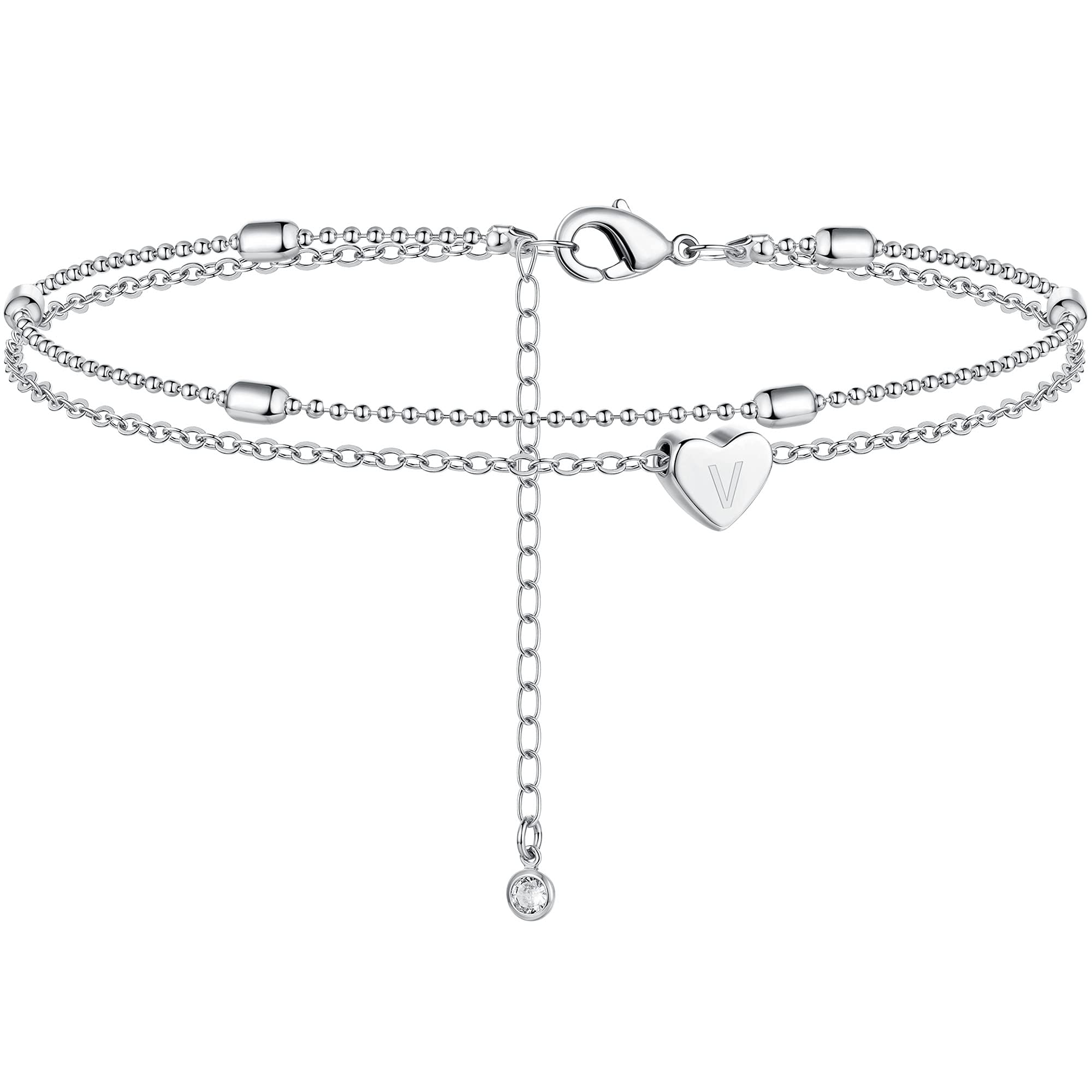 Moodear Silver V Initial Ankle Bracelets for Women