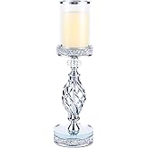 Hanjue Crystal Candle Holders for Pillar Candle, Metal Crystal Candle Holder for Home Decor, Centerpieces, Coffee Dining Table CH0509 (Silver (L))