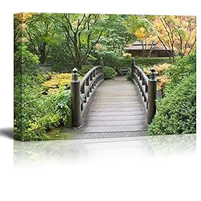 Bridge on a Serene Japanese Garden Surrounded by Trees - Canvas Art Home Art - 12x18 inches