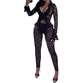 Uni Clau Women Sexy 2 Piece Outfits Lace Hollow Out Ruffle Long Sleeve Crop Top Pants Set Clubwear Jumpsuit