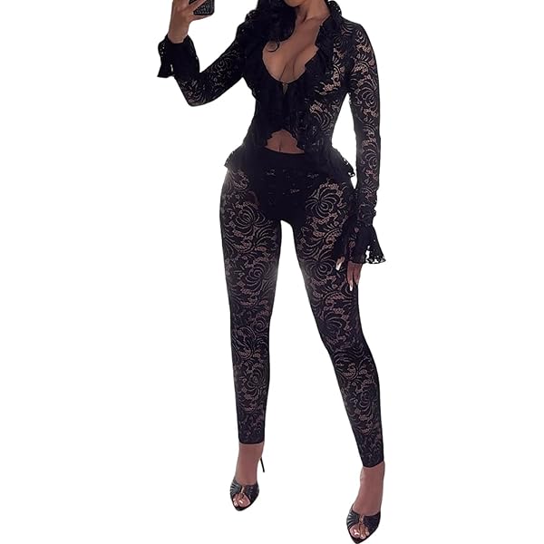 chinese dress ladies Black Sheer Lace Bandeau Top & Leggings Co-Ord Set