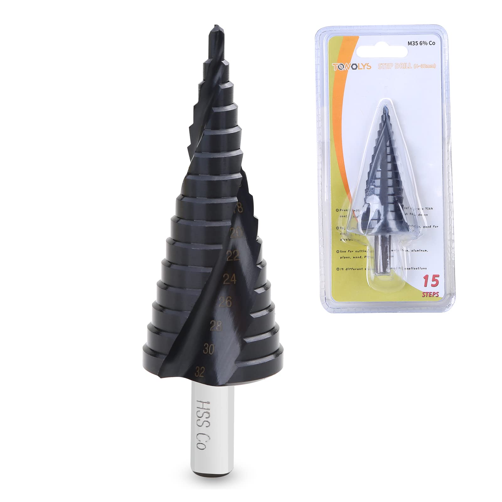 TOWOLYS Drill Bits for Metal-Metric 6% Cobalt Step Drill Bits for Stainless Steel and Hard Metal (4-32mm/15 Steps)