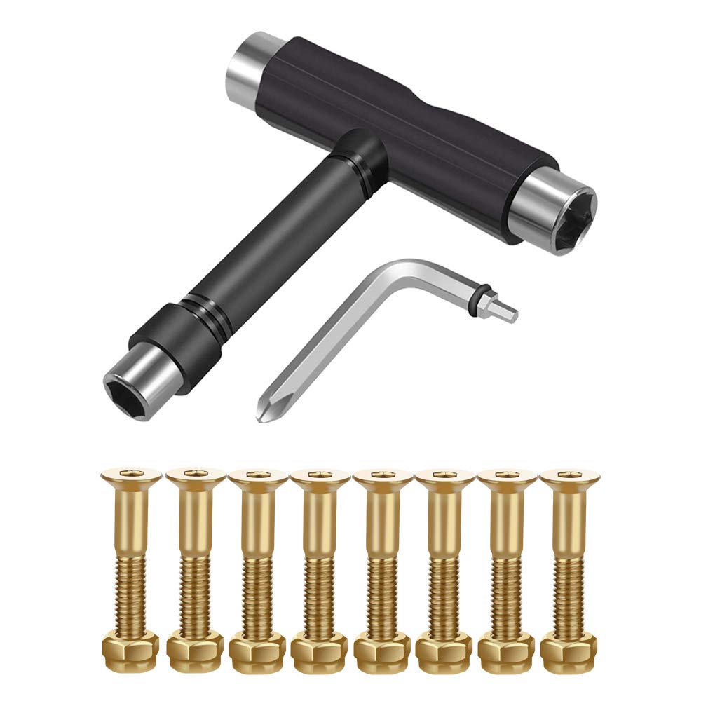 BESIY Stainless Steel Skateboard Hardware 8PCS Bolts Set and All-in-One Skate Tools Portable Skateboard T Accessory with Tool L-Type Phillips Head Wrench Screwdriver (Tools+Gold Handware)