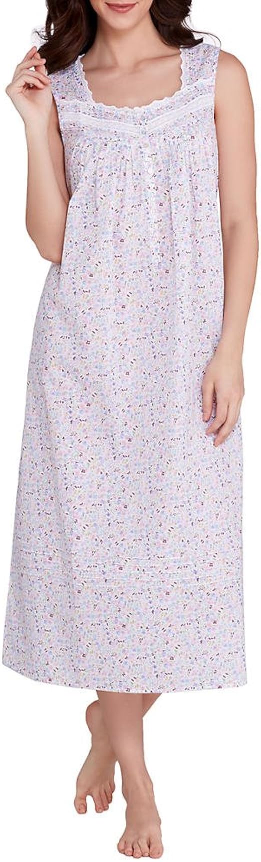 Eileen West Women's Sleeveless 100 Cotton Lawn Nightgown, Blue/Multi