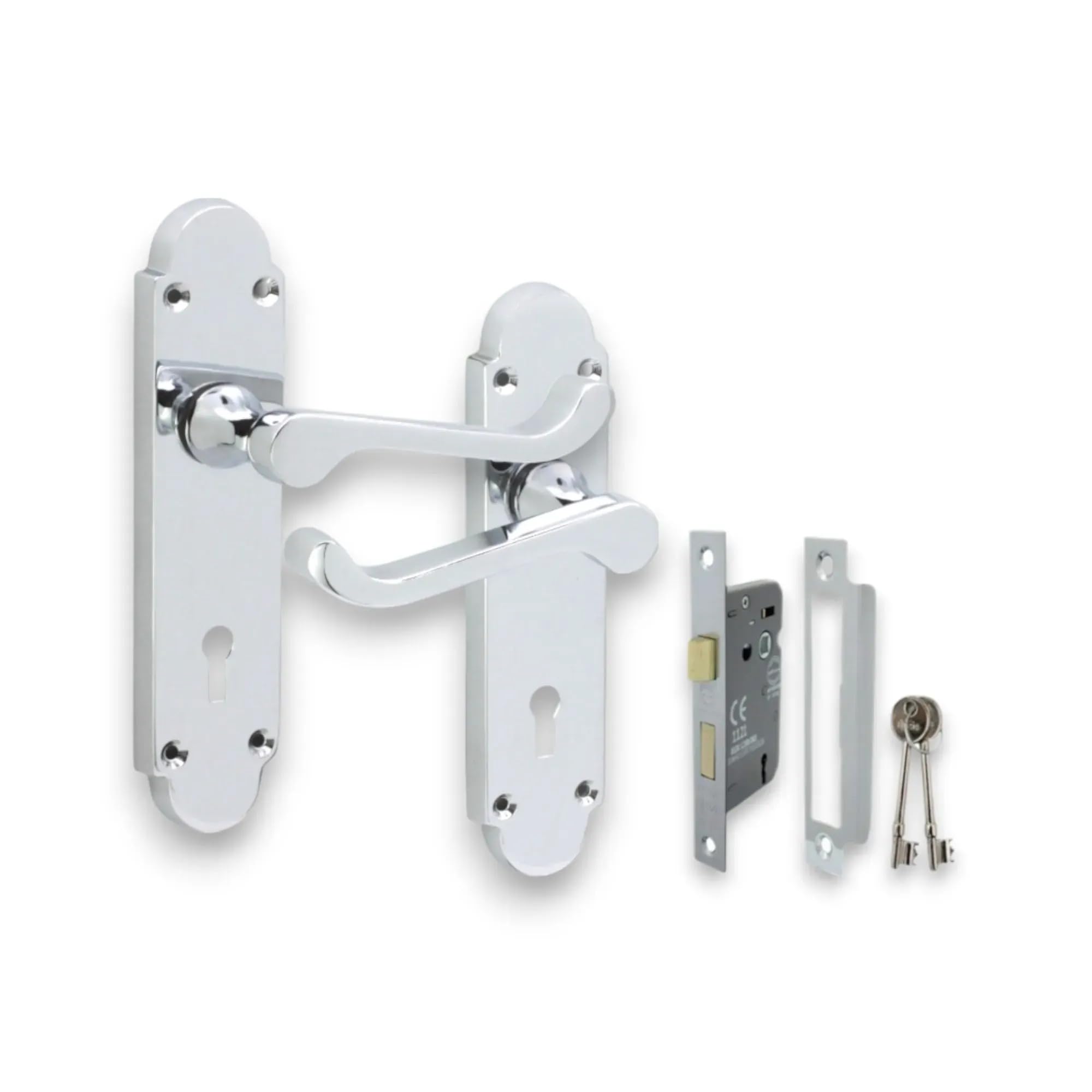 Infinity Decor Pack of Polished Chrome Victorian Scroll Lever Door Handle on Shaped Backplate with Mortice Sash Lock - for Interior and Exterior Door