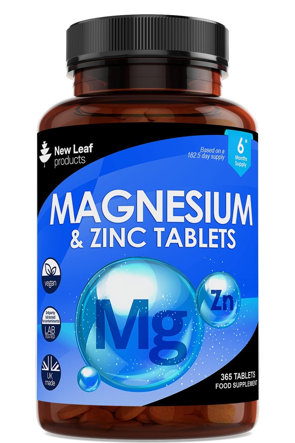 Magnesium Supplements with Zinc 365 Tablets – Bones, Muscle Immune Support Easy to Swallow Sleep Supplement Vegan, GMO-Free, Gluten-Free, UK Made by New Leaf