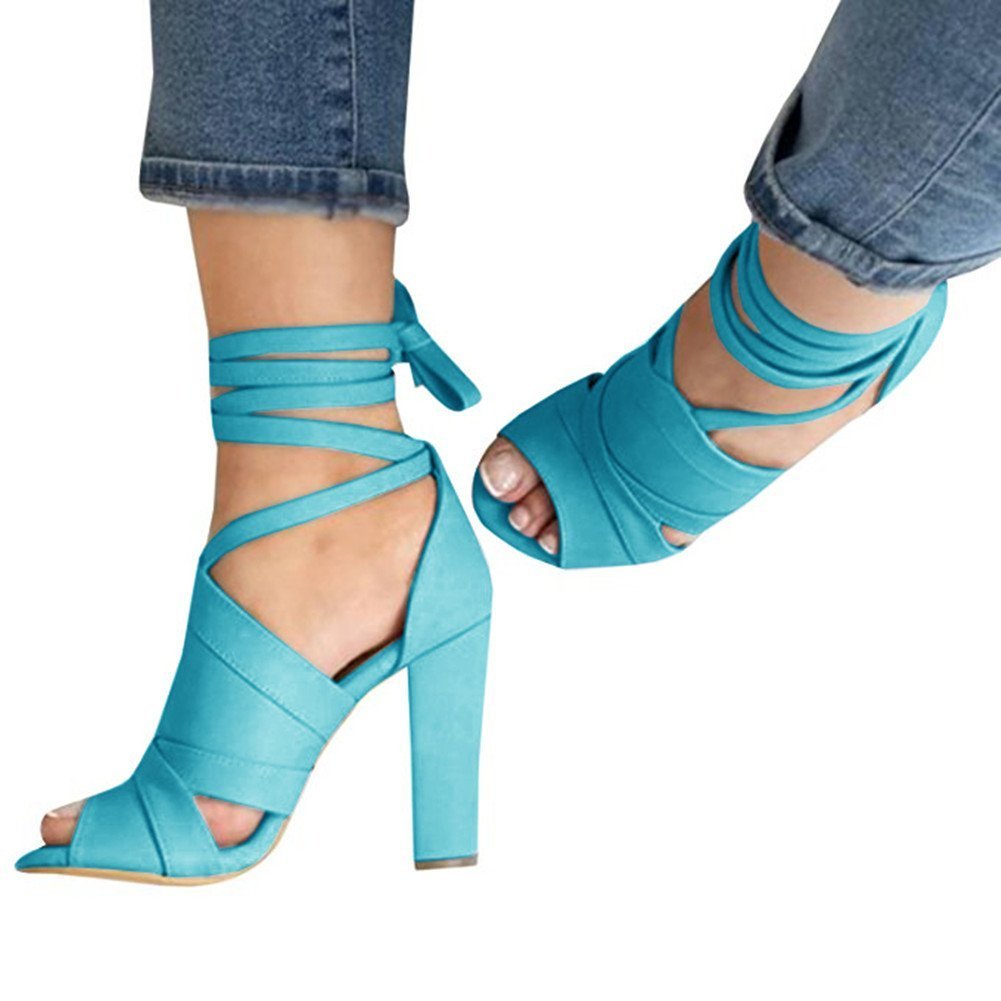 ThusFar Womens Chunky Heel Sandals Peep Toe Shoes Lace Up Party Beach Sandals Light Blue 6.5 US