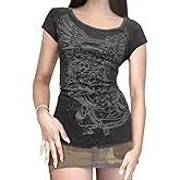 Women Grunge Graphic Short Sleeve Tees Y2k Gothic Crew Neck T Shirts Vintage Aesthetic Emo Top 90s E-Girls Clothes
