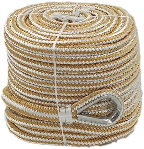 Braided Nylon Anchor Rope Line with Stainless steel Thimble (1/2″x150′ Gold&White)