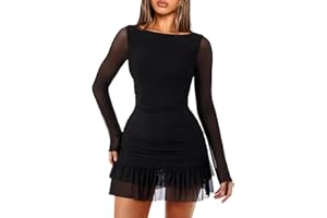 OZICERD Mini robe moulante à manches longues et col bateau pour femme - Robe de soirée à volants en maille - Robe de cocktail