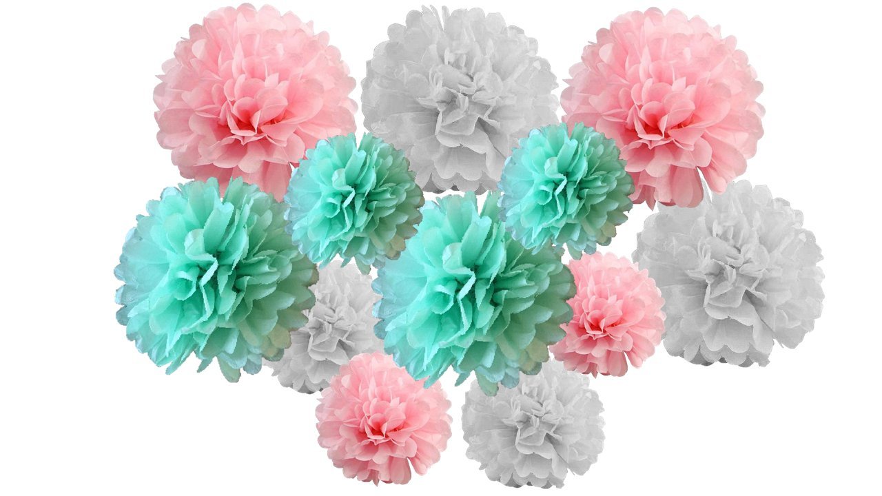 pack of 12 Pack Mixed Tissue Paper Pompom Pom Pom Hanging Garland Wedding Party Decorations (Mint/Pink Shade, mix 8" & 10" (20 cm & 25 cm))