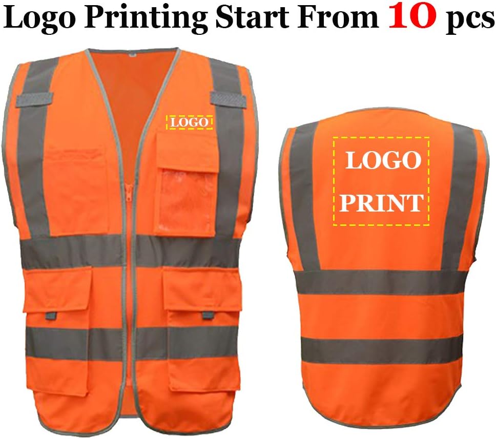 Orange Safety Vest With Custom Logo Printing High Visibility Workwear With Pockets and Zipper (XXL, Fluorescent Orange)