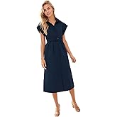 Ladyful Women Casual Button Down Shirt Dress Short Wing Sleeve Buiness Midi Shirt Dress with Belt Elegant Dress