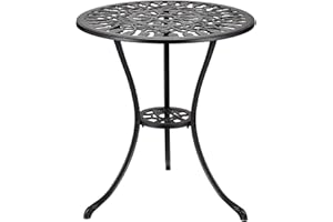 SunnyFurn 24" Outdoor Round Patio Bistro Table, Cast Aluminum Outdoor Cafe Table with 2 inch Umbrella Hole for Porch,Backyard,Garden, Tulip Pattern, Black