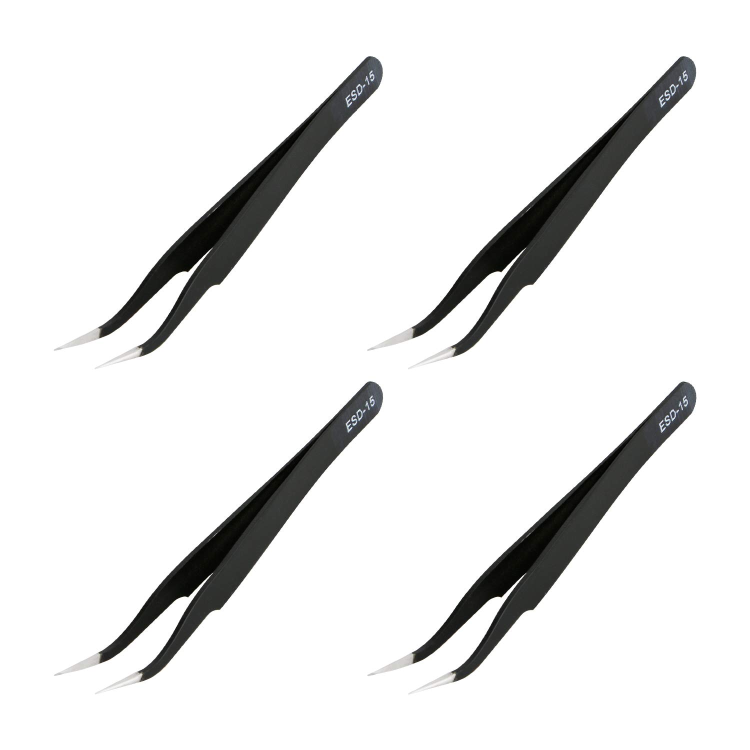 Aoje-Link ESD-15 Professional Anti-Static Technology Tweezers, Non-Magnetic Fine Tip Curved, Stainless Steel Plastic Coated, Full Length 120mm, Black, 4pcs