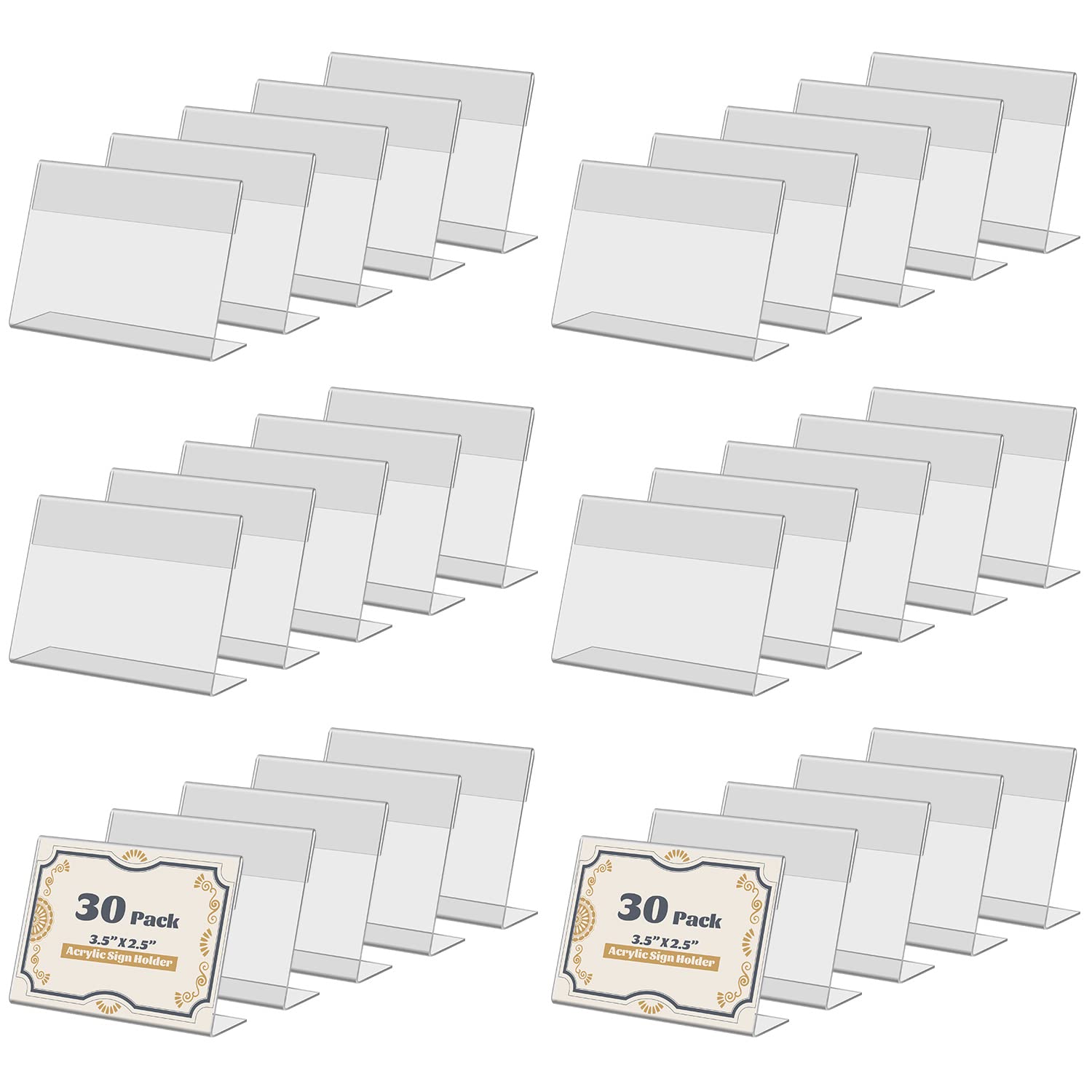 SIYOMG Clear Acrylic Sign Display Holder, 30 PCS 2.5X3.5In Slanted L Shape Price Name Card Tag Label Counter Top Stand for School Office Supermarket Store