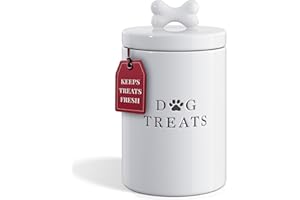 Barnyard Designs Large Dog Treat Container Airtight with Lid, Cute Rustic Ceramic Dog Treat Storage Jar for Kitchen Counter (White)