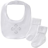 Booulfi Christening Outfits for Boys with Cross Embroidery Baby Cotton Bib and White Christening Sock Set