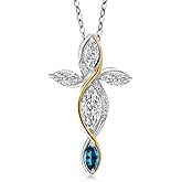Cross Necklace For Women In 925 Silver and 10K Yellow Gold with Lab Grown Diamond and London Blue Topaz | 1.24 Cttw | Jesus Christian Religious Crucifix | Marquise Cut 8X4MM | With 18 Inch Chain
