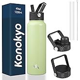 Konokyo 40oz Insulated Water Bottle Stainless Steel Sport Bottles with 3 Lids,Macaron Green