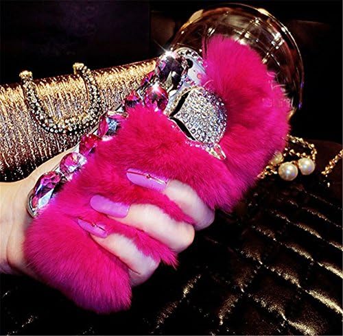 iPhone 7 Plus Case,Yomanic New Design Fashion Super Bling TPU and Big Bling Fox Diamond Rabbit Furry Case for iPhone 7 Plus 5.5inch Anti-scratch Shockproof Winter Case (Rose Pink)