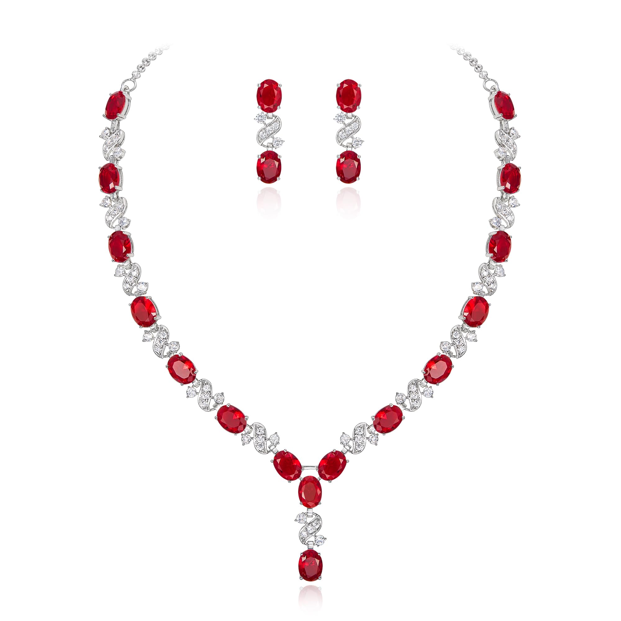 Clearine Women's Wedding Bridal Cubic Zirconia Infinity Y-Shape Tennis Necklace Dangle Earrings Set Ruby Silver-Tone