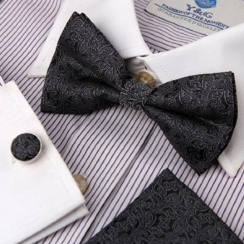 Black Paisley Silk Pre-tied Bowtie, Cufflinks,Handkerchiefs Present Box Set Black cheap Pointe BT2050 One Size Black