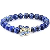 Gem Stone King 8mm Simulated-Lapis Lazuli 18K Yellow Gold Plated Silver Cloisonne Enamel Butterfly Bracelet For Women