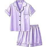 UNICABBIT21 Satin Summer Pajamas for Big Girls Unisex Kids Silk Button Down Short Sleeve & Shorts PJS Size 8-16