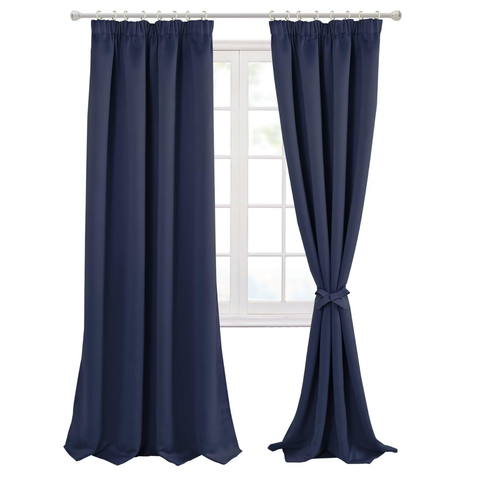 Hiasan Pencil Pleat Blackout Thermal Insulated Curtains, Bedroom and Living Room with Tiebacks, Energy Saving and Noise Reducing, 2 Panels, 66 x 90 Inch, Navy Blue