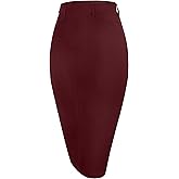 Houmous Women's Cotton Work Pencil Skirt Stretch Office Midi Below Knee Bodycon Belt Loops Back Slit Pockets