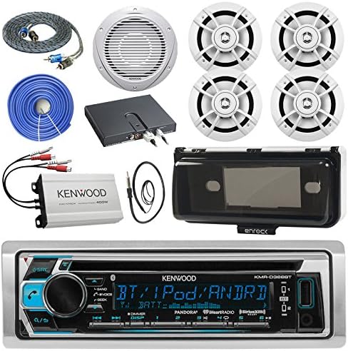 Kenwood KMRD368BT Marine Audio Bluetooth CD Player Receiver W/ Cover - Bundle With 4x 6.5" White Speakers + 10" Inch Suboofer W/ Amp + 4-channel Amplifier + Enrock Antenna + 17' RCA Cable + 50Ft Wire