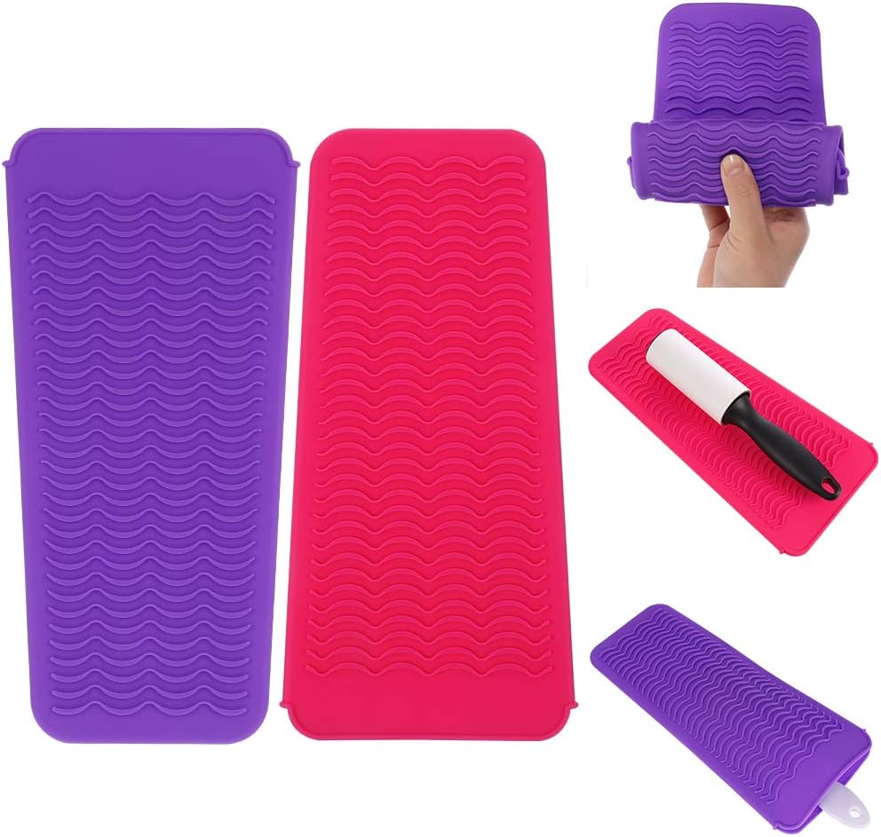 Mialang2 Pack Heat Resistant Silicone Mat Pouch for Flat Iron Curling Iron Cover Hot Iron Travel Case Hair Styling Tools(Rose and Purple)