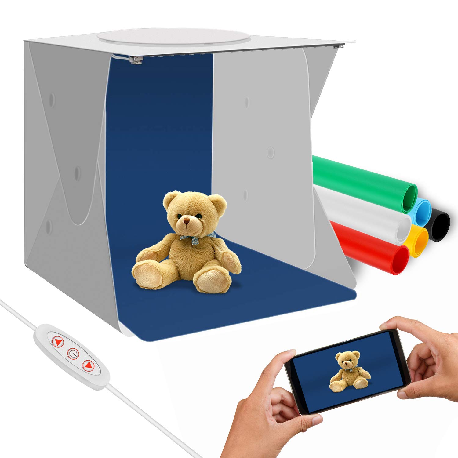 Photo Studio Box,Upgraded Mini Portable Photo Shooting Tent,Folding Photography Light Box Kit with Top Hole,2pcs Adjustable Brightness LED Lights Bar and 6pcs Color Backgrounds (Large)