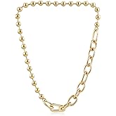 CIUNOFOR 14K Gold Plated Beaded Link Chain Necklace for Women, Chunky Silver Necklace with Lock Pendant Clasp, Trendy Choker Chain Layering Jewelry