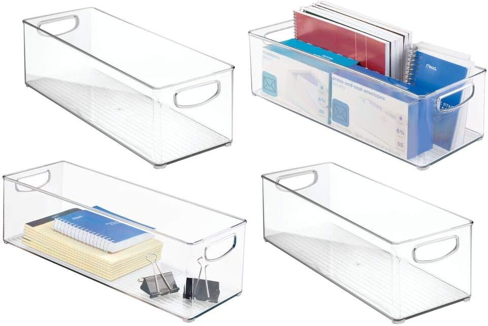 mDesign Large Stackable Plastic Storage Bin Container, Home Office Desk and Drawer Organizer Tote with Handles - Holds Gel Pens, Erasers, Tape, Pens, Pencils, Markers - 16" Long, 4 Pack - Clear : Office Products