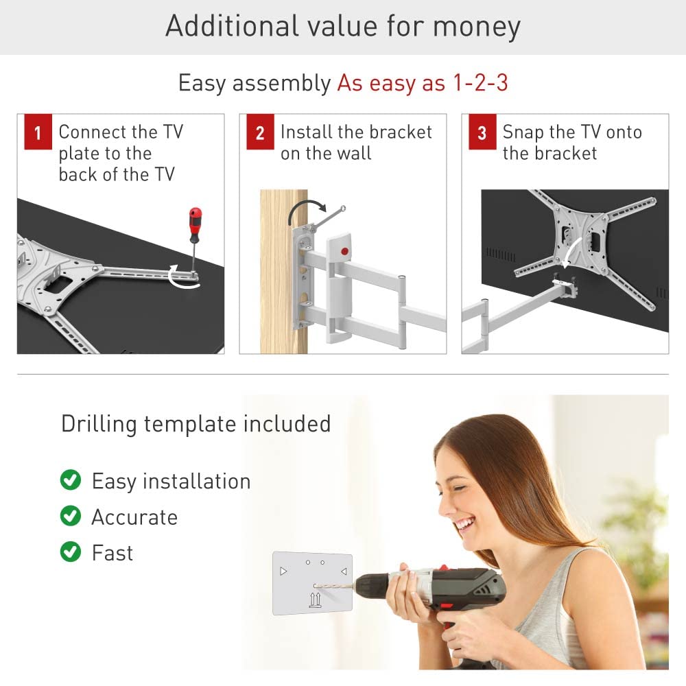 Barkan Long White TV Wall Mount, 13 - 80 inch Full Motion Articulating - 4 Movement Flat / Curved Screen Bracket, Holds up to 110lbs