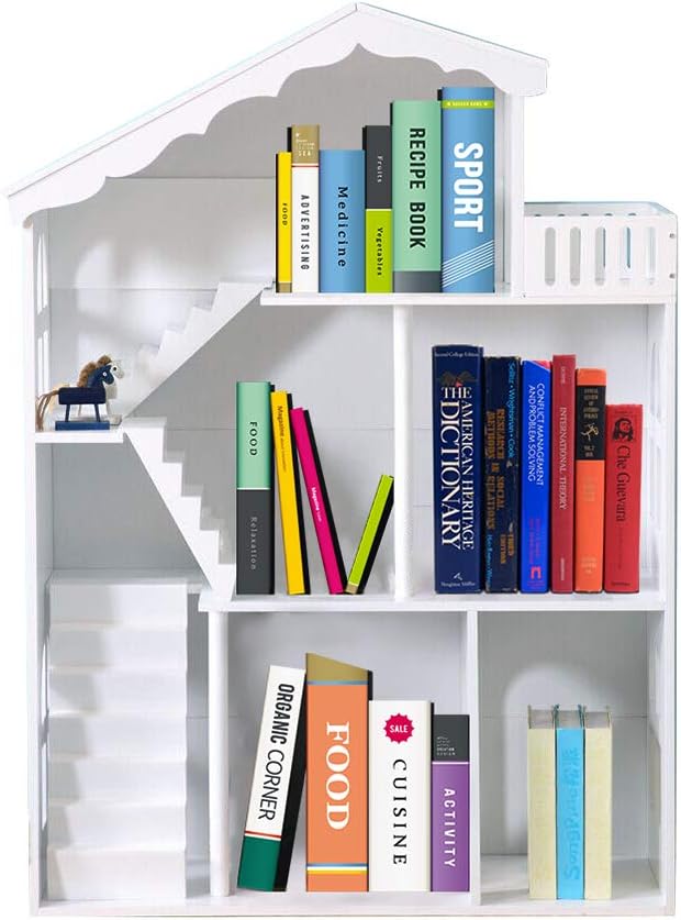 Dolls House Bookcase for Kids White Wooden Bookshelf Cottage Toy