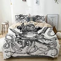 YOLIKA Duvet Cover Set Vintage Style Diver Octopus Marine Animal Tentacles Scuba Concept Beige Decorative 3 Piece Bedding Set with 2 Pillow Shams King Size