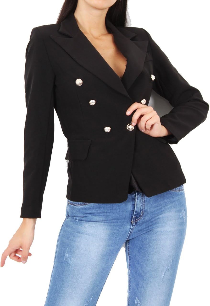 Women Ladies Double Breasted Tailored V Neck Gold Button Blazer Jacket