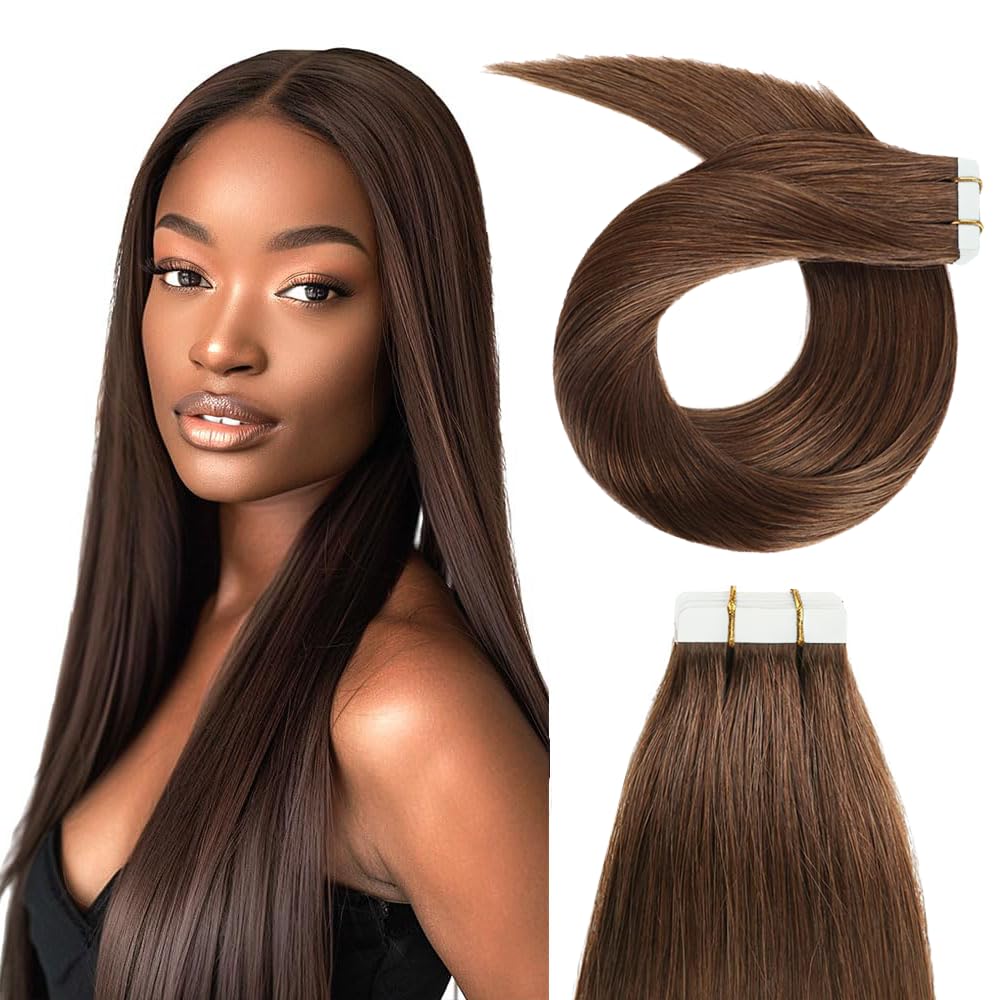 Photo 1 of #4 Chocolate Brown Tape in Extensions Human Hair 28 Inch Brown Straight Tape in Seamless Extensions Real Human Hair Skin Weft Seamless Invisible Unprocessed Virgin Remy Hair 50g 20 Pcs