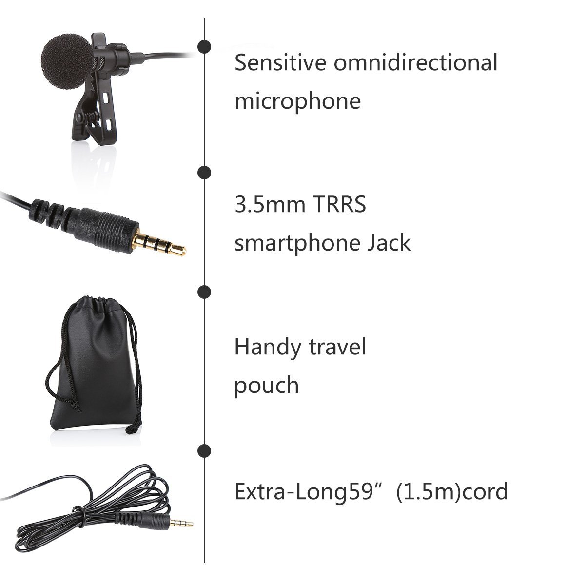 Lavalier Lapel Microphone 3.55mm 59inch Long Cord Clipon Condensor