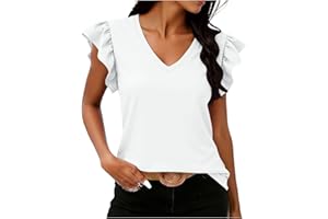 Flutter Ruffle Sleeve Tops for Women V Neck Summer T Shirts Dressy Casual Cute Striped Tunic Shirt Cozy Blouses
