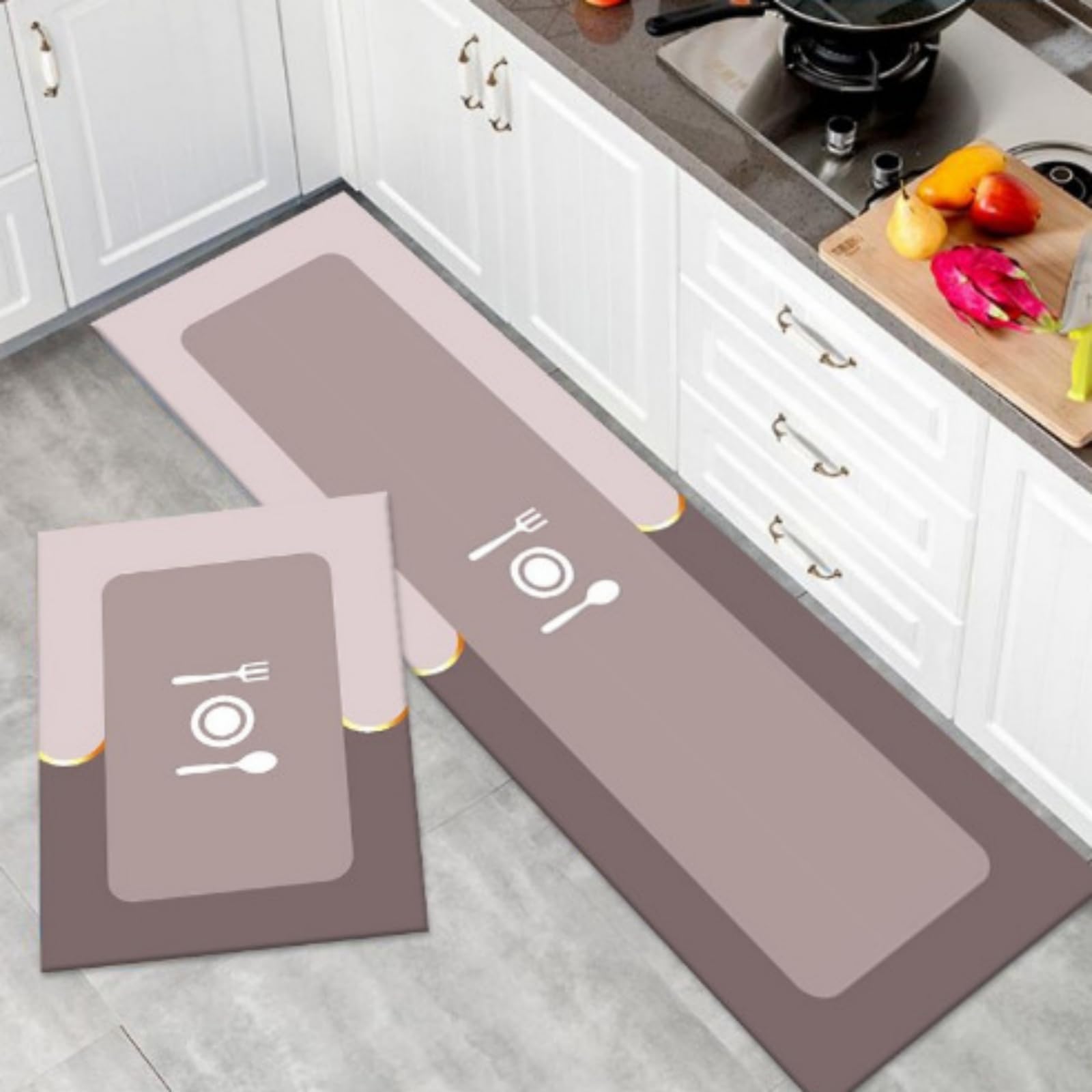 TOKLYUIE Kitchen Floor Mats, 2 PCS Kitchen Mat Set, Water Absorbent and Quick Drying Kitchen Rugs, Non-slip Kitchen Carpets, Super Absorbent Floor Mat (Pink, 40 * 60+40 * 120 cm)